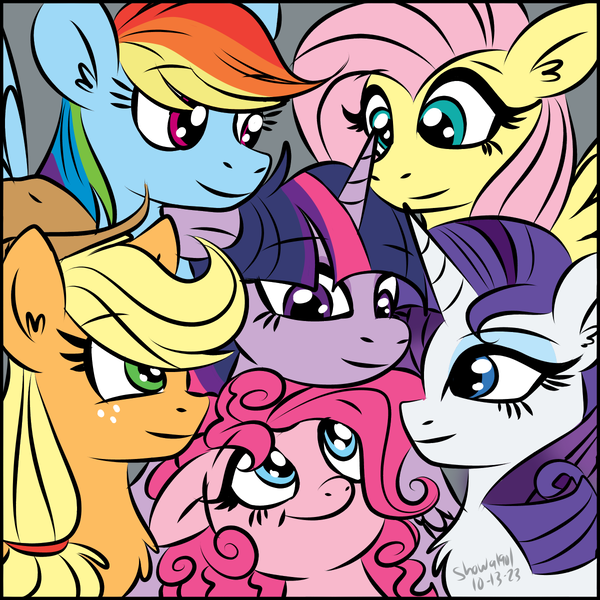 Size: 1200x1200 | Tagged: safe, artist:showa1901, derpibooru import, applejack, fluttershy, pinkie pie, rainbow dash, rarity, twilight sparkle, earth pony, pegasus, pony, unicorn, female, group shot, horn, image, mane six, mare, png, signature, smiling