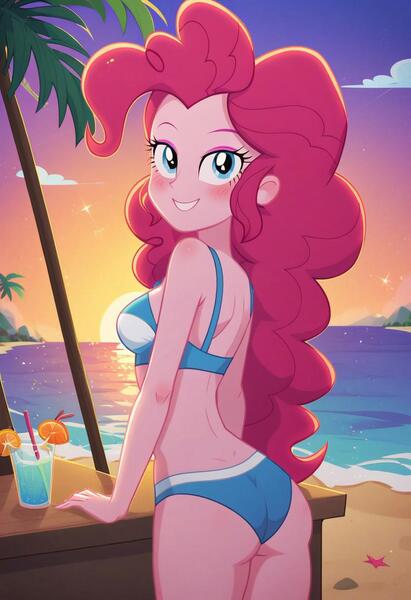 Size: 832x1216 | Tagged: suggestive, ai content, derpibooru import, machine learning generated, prompter:harvydraws, stable diffusion, pinkie pie, human, starfish, equestria girls, g4, adorasexy, balloonbutt, bare shoulders, beach, bedroom eyes, bikini, blushing, breasts, butt, clothes, cute, drink, female, generator:pony diffusion v6 xl, image, jpeg, looking at you, looking back, looking back at you, ocean, outdoors, palm tree, sexy, show accurate, skinny, sleeveless, smiling, smiling at you, solo, solo female, sunset, swimsuit, thin, tree, two-piece swimsuit, water