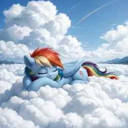 Size: 1536x1536 | Tagged: safe, ai content, derpibooru import, generator:pony realism 2.1, machine learning generated, stable diffusion, rainbow dash, pegasus, pony, g4, cloud, cute, dashabetes, ear fluff, eyes closed, female, full body, image, lying down, mare, mountain, mountain range, on a cloud, outdoors, png, prompter:tyto4tme4l, prone, rainbow, scenery, sky, sleeping, sleeping on a cloud, solo