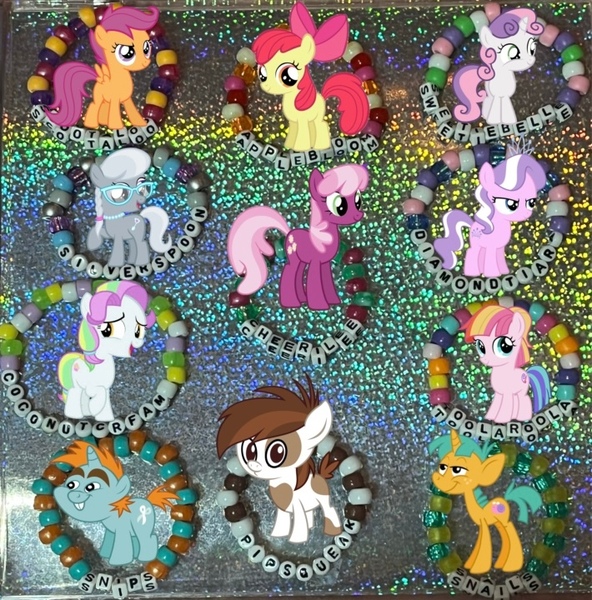 Size: 710x720 | Tagged: safe, artist:lnx1ynight16, derpibooru import, part of a set, apple bloom, cheerilee, coconut cream, diamond tiara, pipsqueak, scootaloo, silver spoon, snails, snips, sweetie belle, toola roola, earth pony, pegasus, pony, unicorn, bracelet, colt, female, filly, foal, horn, image, jewelry, jpeg, kandi, looking at you, male, mare, smiling, smiling at you