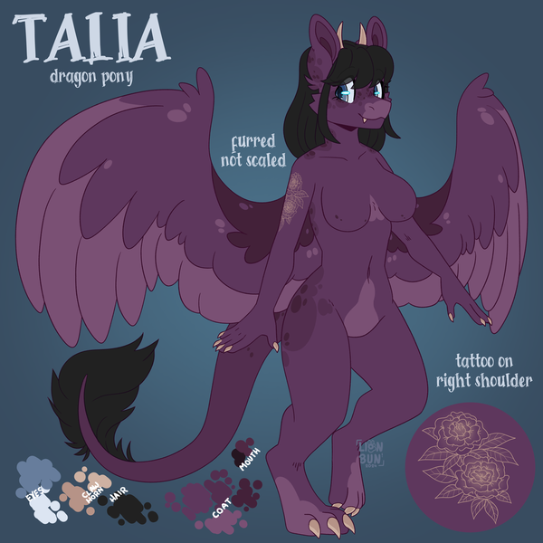 Size: 2500x2500 | Tagged: safe, artist:lionbun, derpibooru import, oc, oc:talia, anthro, dracony, dragon, hybrid, anthro oc, character design, commission, image, pegasus wings, png, reference sheet, tattoo, wings