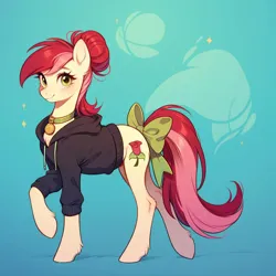 Size: 1024x1024 | Tagged: safe, ai content, derpibooru import, machine learning generated, prompter:doom9454, stable diffusion, roseluck, pony, alternate hairstyle, bow, clothes, collar, cute, generator:pony diffusion v6 xl, hoodie, image, jpeg, looking at you, pet tag, pony pet, rosepet, tail, tail bow, walking