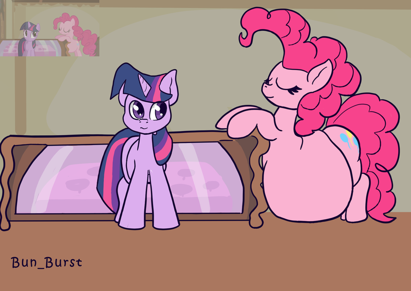 Size: 1754x1240 | Tagged: safe, artist:bun_burst, derpibooru import, pinkie pie, twilight sparkle, earth pony, pony, unicorn, g4, swarm of the century, belly, big belly, fat, fat fetish, fetish, horn, image, inflation, obese, piggy pie, png, pudgy pie, scene interpretation, screencap reference, smiling, stuffed belly, stuffing, twilard sparkle