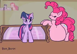 Size: 1754x1240 | Tagged: safe, artist:bun_burst, derpibooru import, pinkie pie, twilight sparkle, earth pony, pony, unicorn, g4, swarm of the century, belly, big belly, fat, fat fetish, fetish, horn, image, inflation, obese, piggy pie, png, pudgy pie, scene interpretation, screencap reference, smiling, stuffed belly, stuffing, twilard sparkle