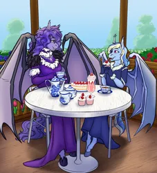 Size: 3848x4234 | Tagged: safe, artist:blackblood-queen, derpibooru import, oc, unofficial characters only, anthro, bat pony, pony, unguligrade anthro, anthro oc, bat pony oc, bat wings, cake, chair, clothes, commission, cup, cupcake, digital art, dress, fangs, female, flower, flower garden, food, image, looking at each other, looking at someone, mare, mother and child, mother and daughter, png, sitting, slit pupils, smiling, table, tea, teacup, teapot, wings