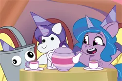 Size: 1246x826 | Tagged: safe, artist:prixy05, derpibooru import, izzy moonbow, rarity, original species, plush pony, pony, unicorn, g5, my little pony: tell your tale, birthday party, bucket, cup, female, filly, filly izzy moonbow, foal, hat, horn, image, party, party hat, plushie, png, solo, teapot, unitober 2024, younger