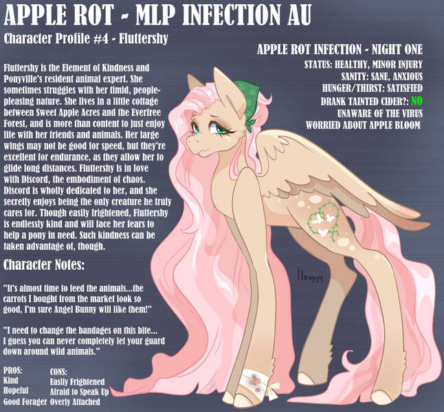 Size: 928x862 | Tagged: safe, artist:fhroggy, derpibooru import, fluttershy, pegasus, pony, g4, alternate cutie mark, alternate hairstyle, apple rot infection, bandage, bandana, blood, blood stains, golden coat, image, implied angel bunny, implied discord, implied discoshy, implied everfree forest, implied ponyville, implied shipping, implied straight, implied sweet apple acres, infection au, jpeg, pink mane, redesign, teal eyes