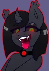 Size: 2609x3813 | Tagged: safe, artist:askhypnoswirl, derpibooru import, oc, oc:decora, unofficial characters only, pony, undead, unicorn, vampire, vampony, choker, commission, ear fluff, fangs, female, glow, glowing eyes, horn, icon, image, mare, open mouth, png, solo, tongue out