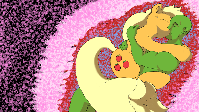 Size: 3840x2160 | Tagged: safe, artist:appulman, ponerpics import, applejack, oc, oc:anon, pony, female, image, kissing, mare, png