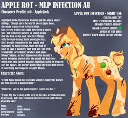 Size: 1280x1189 | Tagged: semi-grimdark, artist:fhroggy, derpibooru import, applejack, earth pony, pony, alternate cutie mark, alternate hairstyle, apple rot infection, applejack's hat, blonde mane, blood, braid, cowboy hat, crying, green eyes, hat, image, implied apple bloom, implied big macintosh, implied bright mac, implied death, implied fluttershy, implied granny smith, implied pear butter, implied sweet apple acres, infection au, png, red mane, redesign, short tail, spots, tail