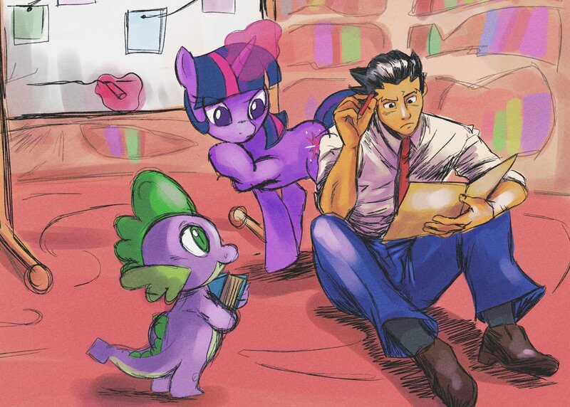 Size: 1300x930 | Tagged: safe, artist:helioshellion, derpibooru import, spike, twilight sparkle, dragon, human, pony, unicorn, ace attorney, book, glow, glowing horn, golden oaks library, horn, image, jpeg, library, magic, marker, phoenix wright, sitting, telekinesis, trio, turnabout storm, unicorn twilight, whiteboard