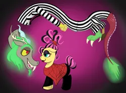 Size: 1135x838 | Tagged: safe, derpibooru import, discord, fluttershy, beetlejuice, betelgeuse, clothes, costume, discoshy, duo, duo male and female, eyeshadow, female, glow, glowing tail, halloween, halloween costume, holiday, image, inktober, inktober 2024, jpeg, looking at each other, looking at someone, lydia deetz, makeup, male, shipping, spider web, straight, tail