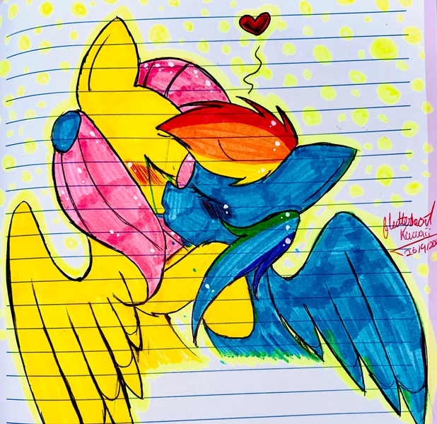 Size: 3024x2934 | Tagged: safe, artist:flutterheartkawaii, derpibooru import, fluttershy, rainbow dash, pegasus, pony, g4, crying, eyes closed, female, flutterdash, heart, image, jpeg, kiss on the lips, kissing, lesbian, lined paper, shipping, tears of joy, traditional art