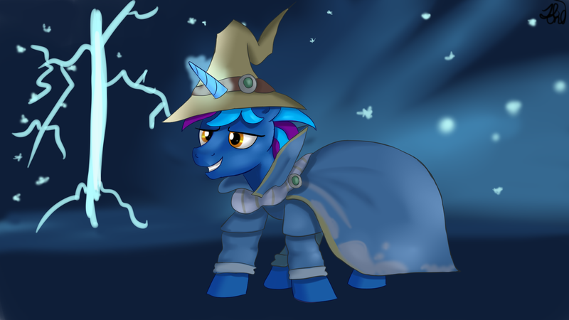 Size: 1920x1080 | Tagged: safe, artist:jbond, derpibooru import, oc, oc:darallex, unofficial characters only, pony, unicorn, bolt, clothes, commission, hat, horn, image, lighting, magic, magic aura, male, mantle, png, smiling, solo, stallion, unicorn oc