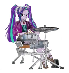 Size: 1479x1545 | Tagged: safe, artist:ciaran, derpibooru import, aria blaze, ponified, anthro, pony, equestria girls, g4, boots, clothes, derpibooru exclusive, disguise, disguised, disguised siren, dress, drum kit, drum sticks, drums, female, gem, image, indoors, ipad, jewelry, looking at you, musical instrument, my little pony equestria girls: rainbow rocks, necklace, open mouth, playing instrument, png, pony ears, ponytail, rainbow rocks 10th anniversary, shoes, siren gem