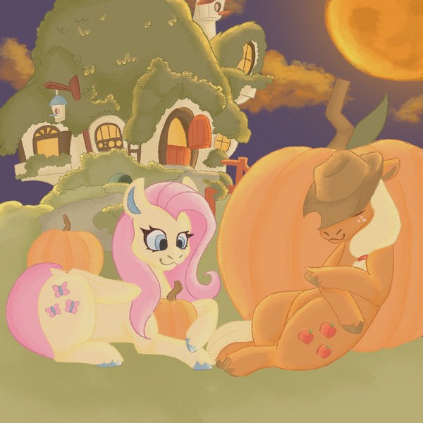 Size: 2048x2048 | Tagged: safe, artist:cherryincc, derpibooru import, applejack, fluttershy, earth pony, pegasus, pony, g4, autumn, duo, duo female, female, fluttershy's cottage, full moon, image, inktober, inktober 2024, lying down, mare, moon, png, prone, pumpkin, sitting