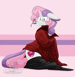 Size: 1500x1540 | Tagged: source needed, safe, artist:blueberrysnow, sweetie belle, pony, unicorn, abstract background, clothes, female, floppy ears, glasses, image, obtrusive watermark, older, oversized clothes, png, post tf, post transformation, post-tf, post-transformation, solo, watermark