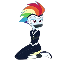 Size: 2000x2000 | Tagged: safe, artist:nie-martw-sie-o-mnie, derpibooru import, rainbow dash, zapp, human, equestria girls, g4, bondage, boots, bound and gagged, clothes, dashsub, equestria girls specials, female, femsub, gag, high heel boots, image, kneeling, my little pony equestria girls: movie magic, png, power ponies, shoes, simple background, solo, submissive, tape, tape bondage, tape gag, transparent background