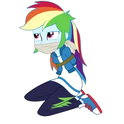 Size: 2000x2000 | Tagged: safe, artist:nie-martw-sie-o-mnie, derpibooru import, rainbow dash, human, a fine line, equestria girls, equestria girls series, g4, bondage, cloth gag, clothes, dashsub, female, femsub, gag, image, kneeling, leggings, my little pony equestria girls: better together, png, rope, rope bondage, shoes, simple background, sneakers, solo, submissive, transparent background