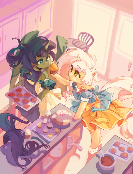 Size: 4408x5788 | Tagged: safe, artist:saxopi, derpibooru import, oc, unofficial characters only, alicorn, semi-anthro, unicorn, absurd resolution, apron, clothes, cooking, cupcake, dress, duo, female, food, grin, high angle, high heels, holding, horn, image, kitchen, png, shoes, smiling