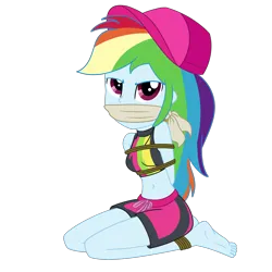 Size: 2000x2000 | Tagged: safe, artist:nie-martw-sie-o-mnie, derpibooru import, rainbow dash, human, equestria girls, g4, baseball cap, belly, belly button, bondage, bound and gagged, cap, cloth gag, dashsub, equestria girls specials, female, femsub, gag, hat, image, kneeling, looking at you, my little pony equestria girls: forgotten friendship, png, rainbow dash's beach shorts swimsuit, rope, rope bondage, simple background, solo, submissive, transparent background