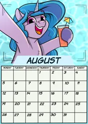 Size: 1654x2339 | Tagged: safe, artist:rutkotka, derpibooru import, izzy moonbow, pony, unicorn, g5, august, calendar, drink, female, horn, image, mare, png, solo