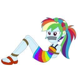 Size: 2000x2000 | Tagged: safe, artist:nie-martw-sie-o-mnie, derpibooru import, rainbow dash, human, equestria girls, g4, bondage, bound and gagged, cruise concert outfit, dashsub, equestria girls specials, female, femsub, gag, image, my little pony equestria girls: spring breakdown, png, rope, rope bondage, sandals, simple background, solo, submissive, tape, tape gag, transparent background