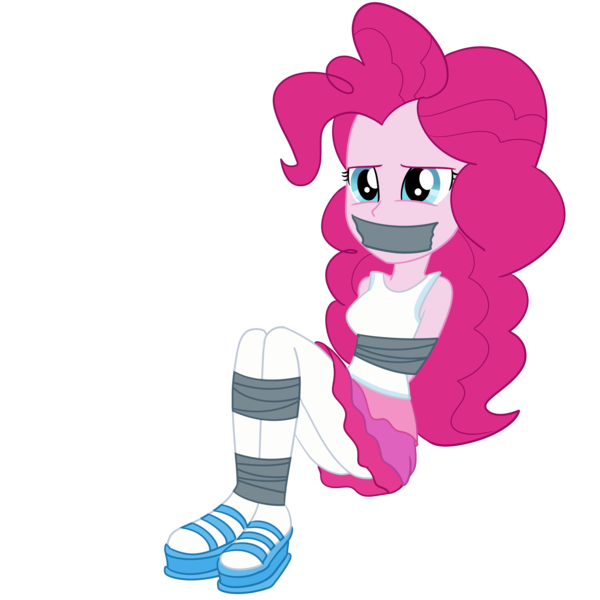 Size: 2000x2000 | Tagged: safe, artist:nie-martw-sie-o-mnie, derpibooru import, pinkie pie, human, equestria girls, equestria girls series, g4, super squad goals, bondage, clothes, female, femsub, gag, image, looking at you, my little pony equestria girls: better together, pantyhose, pinkiesub, platform shoes, png, simple background, sitting, solo, submissive, tape, tape bondage, tape gag, transparent background