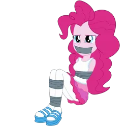 Size: 2000x2000 | Tagged: safe, artist:nie-martw-sie-o-mnie, derpibooru import, pinkie pie, human, equestria girls, equestria girls series, g4, super squad goals, bondage, clothes, female, femsub, gag, image, looking at you, my little pony equestria girls: better together, pantyhose, pinkiesub, platform shoes, png, simple background, sitting, solo, submissive, tape, tape bondage, tape gag, transparent background