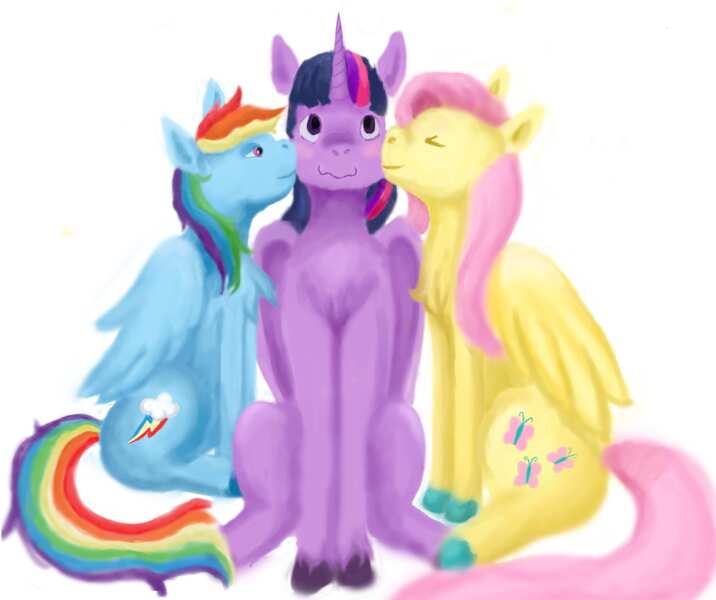 Size: 7000x5864 | Tagged: safe, artist:garden-guardian, derpibooru import, fluttershy, rainbow dash, twilight sparkle, twilight sparkle (alicorn), alicorn, pegasus, pony, g4, blushing, cute, cutie mark, dashabetes, female, flutterdash, flutterdashlight, image, jpeg, kiss on the cheek, kissing, lesbian, polyamory, ship:twidashshy, ship:twishy, shipping, shyabetes, trio, trio female, twiabetes, twidash