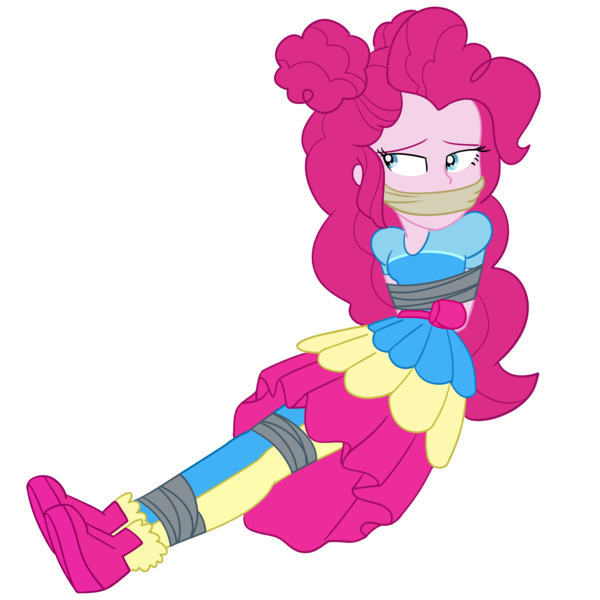 Size: 2000x2000 | Tagged: safe, artist:nie-martw-sie-o-mnie, derpibooru import, pinkie pie, human, equestria girls, equestria girls series, five lines you need to stand in, g4, spoiler:eqg series (season 2), bondage, bound and gagged, cloth gag, female, femsub, gag, image, music festival outfit, my little pony equestria girls: better together, pinkiesub, png, simple background, sitting, solo, submissive, tape, tape bondage, transparent background