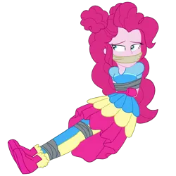 Size: 2000x2000 | Tagged: safe, artist:nie-martw-sie-o-mnie, derpibooru import, pinkie pie, human, equestria girls, equestria girls series, five lines you need to stand in, g4, spoiler:eqg series (season 2), bondage, bound and gagged, cloth gag, female, femsub, gag, image, music festival outfit, my little pony equestria girls: better together, pinkiesub, png, simple background, sitting, solo, submissive, tape, tape bondage, transparent background