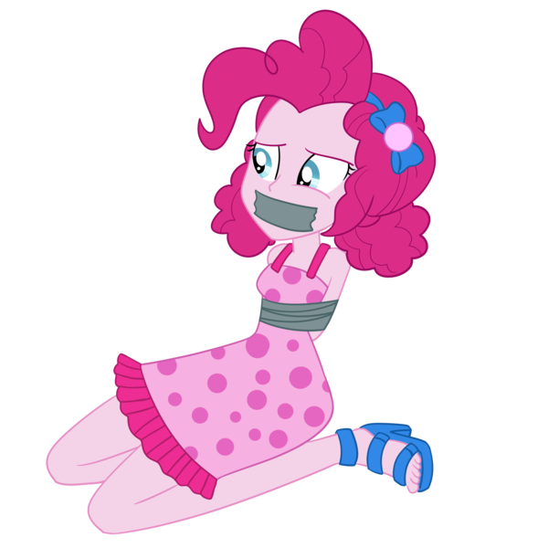 Size: 2000x2000 | Tagged: safe, artist:nie-martw-sie-o-mnie, derpibooru import, pinkie pie, human, equestria girls, g4, bondage, clothes, cruise outfit, equestria girls specials, female, femsub, gag, high heels, image, kneeling, my little pony equestria girls: spring breakdown, pinkiesub, png, polka dot dress, shoes, simple background, solo, submissive, tape, tape bondage, tape gag, transparent background