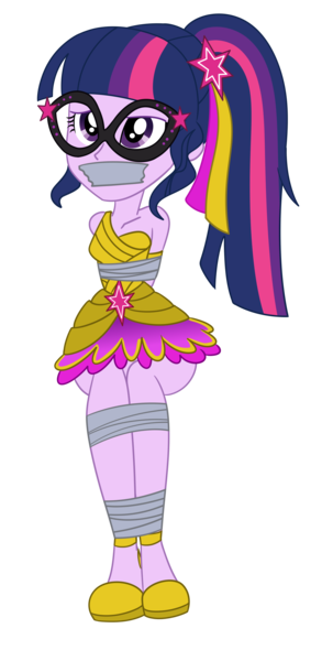 Size: 1262x2500 | Tagged: safe, artist:nie-martw-sie-o-mnie, derpibooru import, sci-twi, twilight sparkle, human, equestria girls, g4, bondage, bound and gagged, equestria girls specials, female, femsub, gag, glasses, image, my little pony equestria girls: dance magic, png, simple background, sitting, solo, submissive, tape, tape bondage, tape gag, transparent background, twisub