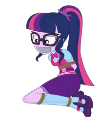 Size: 2072x2500 | Tagged: safe, artist:nie-martw-sie-o-mnie, derpibooru import, sci-twi, twilight sparkle, human, equestria girls, g4, bondage, bound and gagged, bowtie, clothes, equestria girls specials, female, femsub, gag, glasses, high heels, image, my little pony equestria girls: dance magic, necktie, png, rope, rope bondage, shoes, simple background, skirt, socks, solo, submissive, tape, tape gag, transparent background, twisub