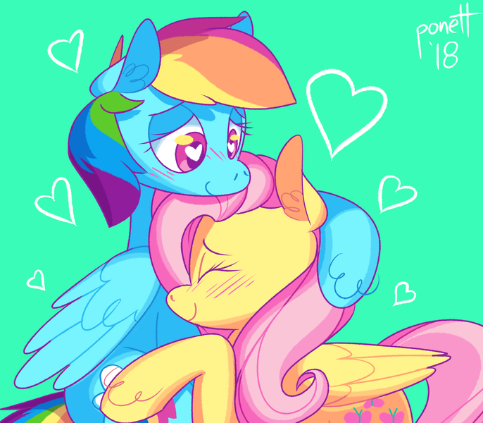 Size: 2400x2100 | Tagged: safe, artist:ponett, derpibooru import, fluttershy, rainbow dash, pegasus, pony, g4, blushing, cute, daaaaaaaaaaaw, dashabetes, duo, duo female, ear fluff, female, flutterdash, folded wings, heart, hug, image, lesbian, mare, png, shipping, shyabetes, unshorn fetlocks, wingding eyes, wings