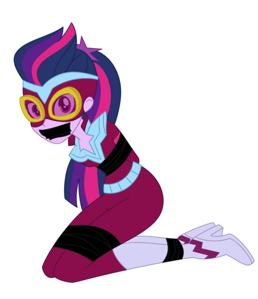 Size: 2000x2315 | Tagged: safe, artist:nie-martw-sie-o-mnie, derpibooru import, masked matter-horn, sci-twi, twilight sparkle, human, equestria girls, g4, bondage, boots, bound and gagged, clothes, equestria girls specials, female, femsub, gag, goggles, high heel boots, image, kneeling, looking at you, my little pony equestria girls: movie magic, png, power ponies, shoes, simple background, solo, submissive, tape, tape bondage, tape gag, transparent background, twisub