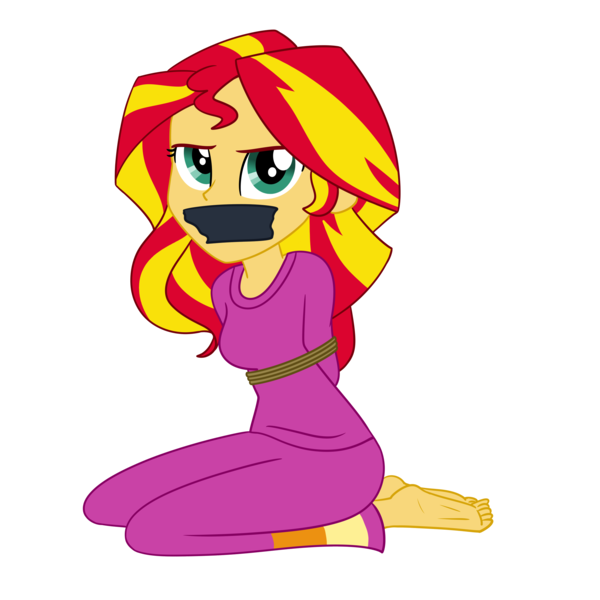 Size: 2500x2500 | Tagged: safe, artist:nie-martw-sie-o-mnie, derpibooru import, sunset shimmer, human, equestria girls, g4, bondage, clothes, female, femsub, gag, image, kneeling, looking at you, my little pony equestria girls: rainbow rocks, pajamas, png, rope, rope bondage, simple background, solo, submissive, subset, tape, tape gag, transparent background