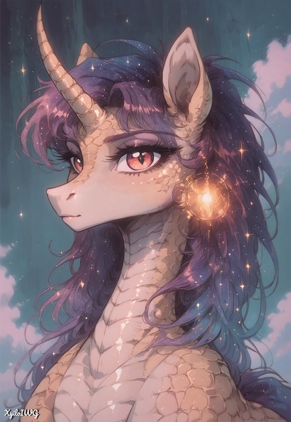 Size: 3840x5568 | Tagged: safe, ai content, alternate version, derpibooru import, machine learning generated, prompter:xyiloiwg, stable diffusion, oc, dragon, hybrid, pony, ear piercing, earring, eyelashes, eyeshadow, female, generator:pony diffusion v6 xl, horn, image, jewelry, jpeg, looking at you, makeup, piercing, scales, sign, slit pupils, smiling, smiling at you, solo, solo female