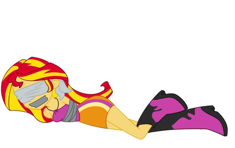 Size: 2500x1576 | Tagged: safe, artist:nie-martw-sie-o-mnie, derpibooru import, sunset shimmer, human, equestria girls, g4, blindfold, bondage, boots, clothes, female, femsub, gag, image, lying down, my little pony equestria girls: rainbow rocks, png, shoes, side, simple background, skirt, solo, submissive, subset, tape, tape bondage, tape gag, transparent background