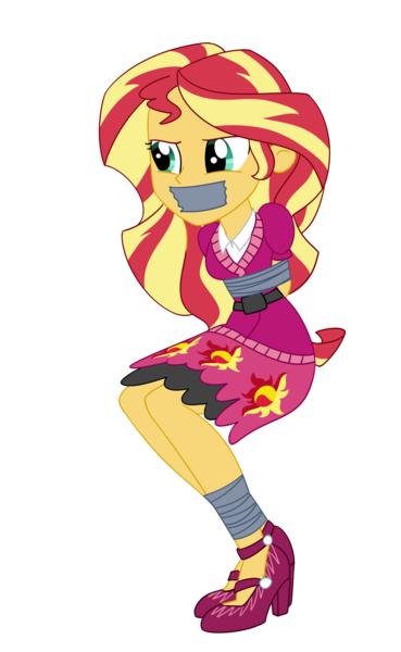 Size: 2000x3250 | Tagged: safe, artist:nie-martw-sie-o-mnie, derpibooru import, sunset shimmer, human, equestria girls, g4, bondage, bound and gagged, clothes, female, femsub, gag, high heels, image, my little pony equestria girls: friendship games, png, school spirit, shoes, simple background, sitting, solo, submissive, subset, tape, tape bondage, tape gag, transparent background