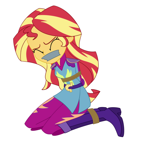 Size: 2500x2500 | Tagged: safe, artist:nie-martw-sie-o-mnie, derpibooru import, sunset shimmer, human, equestria girls, g4, bondage, boots, bound and gagged, clothes, eyes closed, female, femsub, gag, high heel boots, image, kneeling, motocross outfit, my little pony equestria girls: friendship games, png, rope, rope bondage, shoes, simple background, solo, submissive, subset, tape, tape gag, transparent background