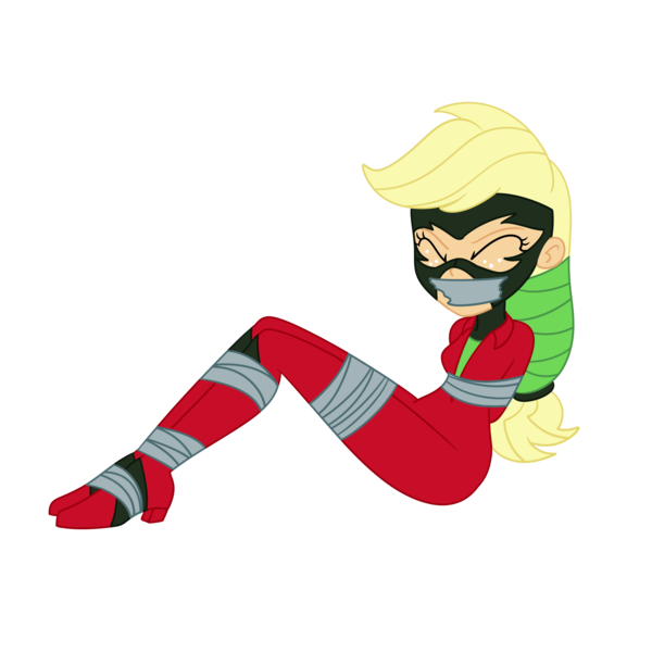 Size: 2000x2000 | Tagged: safe, artist:nie-martw-sie-o-mnie, derpibooru import, applejack, mistress marevelous, human, equestria girls, g4, applesub, bondage, bound and gagged, equestria girls specials, eyes closed, female, femsub, gag, image, my little pony equestria girls: movie magic, png, power ponies, simple background, solo, submissive, tape, tape bondage, tape gag, transparent background