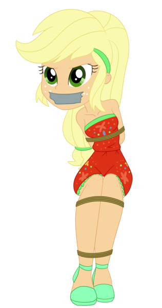 Size: 2000x3794 | Tagged: safe, artist:nie-martw-sie-o-mnie, derpibooru import, applejack, equestria girls, g4, applesub, bondage, bound and gagged, clothes, cruise outfit, equestria girls specials, female, femsub, freckles, gag, high heels, image, my little pony equestria girls: spring breakdown, png, rope, rope bondage, shoes, simple background, sitting, solo, submissive, tape, tape gag, transparent background