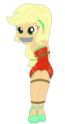 Size: 2000x3794 | Tagged: safe, artist:nie-martw-sie-o-mnie, derpibooru import, applejack, equestria girls, g4, applesub, bondage, bound and gagged, clothes, cruise outfit, equestria girls specials, female, femsub, freckles, gag, high heels, image, my little pony equestria girls: spring breakdown, png, rope, rope bondage, shoes, simple background, sitting, solo, submissive, tape, tape gag, transparent background