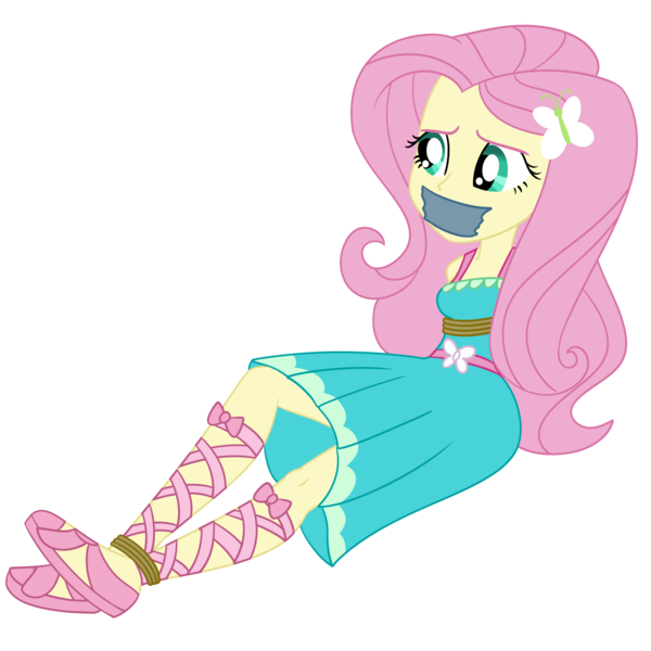 Size: 2000x2000 | Tagged: safe, artist:nie-martw-sie-o-mnie, derpibooru import, fluttershy, human, equestria girls, equestria girls series, g4, text support, bondage, bound and gagged, butterfly hairpin, clothes, dress, female, femsub, fluttersub, gag, image, my little pony equestria girls: choose your own ending, png, rope, rope bondage, simple background, solo, submissive, tape, tape gag, text support: fluttershy, transparent background