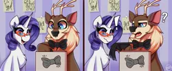 Size: 3000x1250 | Tagged: safe, artist:shadowreindeer, derpibooru import, rarity, oc, oc:kevin reindeer, deer, reindeer, unicorn, bowtie, box, horn, image, jpeg, necktie