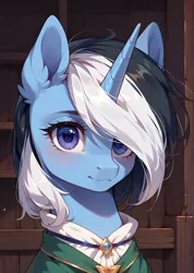 Size: 1776x2496 | Tagged: safe, ai content, derpibooru import, machine learning generated, prompter:bluetoothworld, oc, oc:river swirl, unofficial characters only, pony, unicorn, equestria at war mod, bust, clothes, female, horn, image, looking at you, mare, png, portrait, solo, solo female