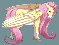 Size: 1088x825 | Tagged: safe, artist:liokkamillie, derpibooru import, fluttershy, pegasus, pony, g4, alternate design, cyan background, female, headcanon, image, mare, png, realistic, realistic horse legs, realistic wings, simple background, solo, twitterina design, unshorn fetlocks, wings