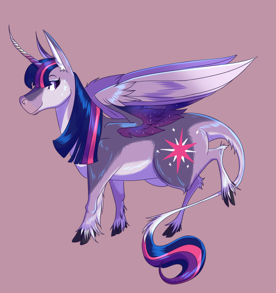 Size: 1200x1276 | Tagged: safe, artist:liokkamillie, derpibooru import, twilight sparkle, twilight sparkle (alicorn), alicorn, pony, g4, alternate design, cloven hooves, curved horn, cutie mark, female, headcanon, horn, image, leonine tail, mare, pink background, png, realistic horse legs, realistic wings, simple background, solo, twitterina design, unshorn fetlocks, wings